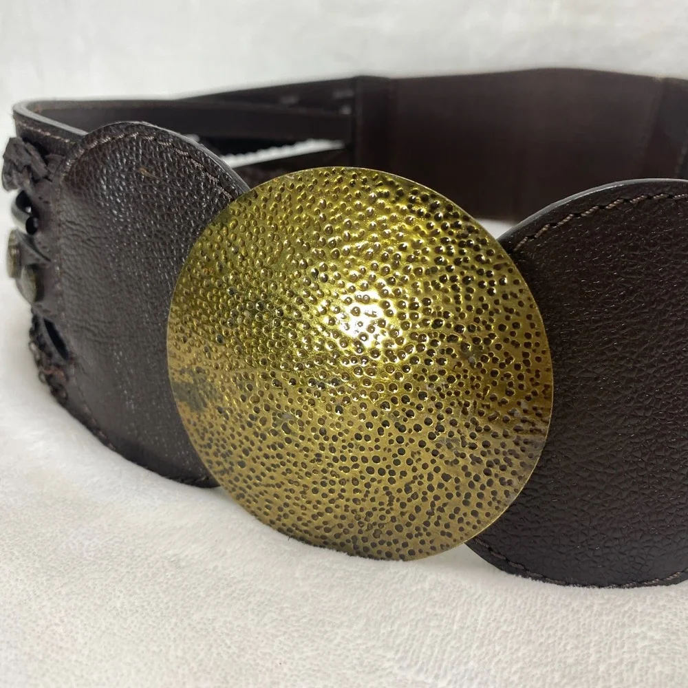 Chicos Faux Leather Dark Brown Wide Braided Studded Belt‎ Fashion Accessory Chic